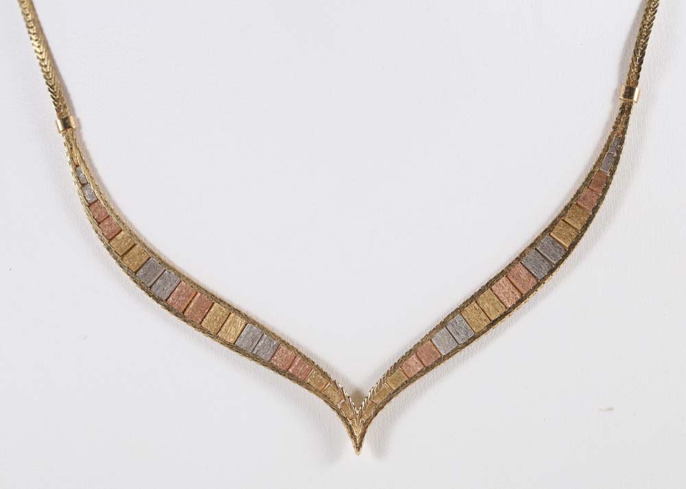 Vintage Tri-Color Gold "V" Necklace