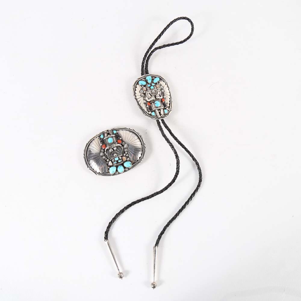 Sterling Silver Navajo Style Belt Buckle and Bolo Tie with Turquoise, Black Onyx and Red Oyster Shell