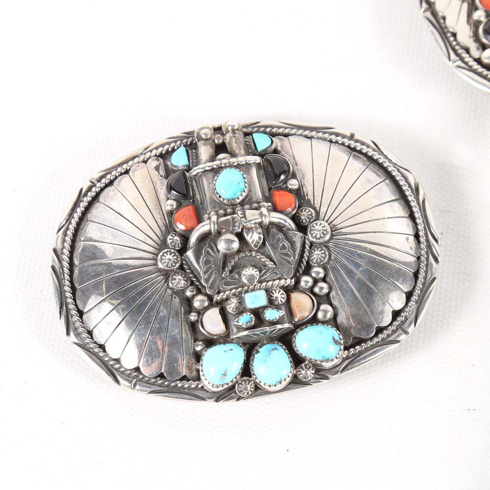Sterling Silver Navajo Style Belt Buckle and Bolo Tie with Turquoise, Black Onyx and Red Oyster Shell