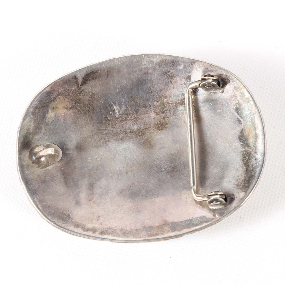 Sterling Silver Navajo Style Belt Buckle and Bolo Tie with Turquoise, Black Onyx and Red Oyster Shell