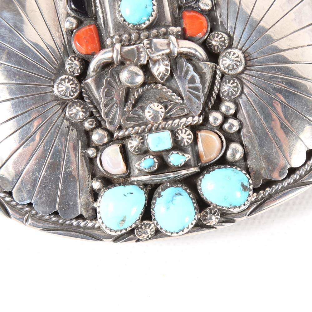 Sterling Silver Navajo Style Belt Buckle and Bolo Tie with Turquoise, Black Onyx and Red Oyster Shell