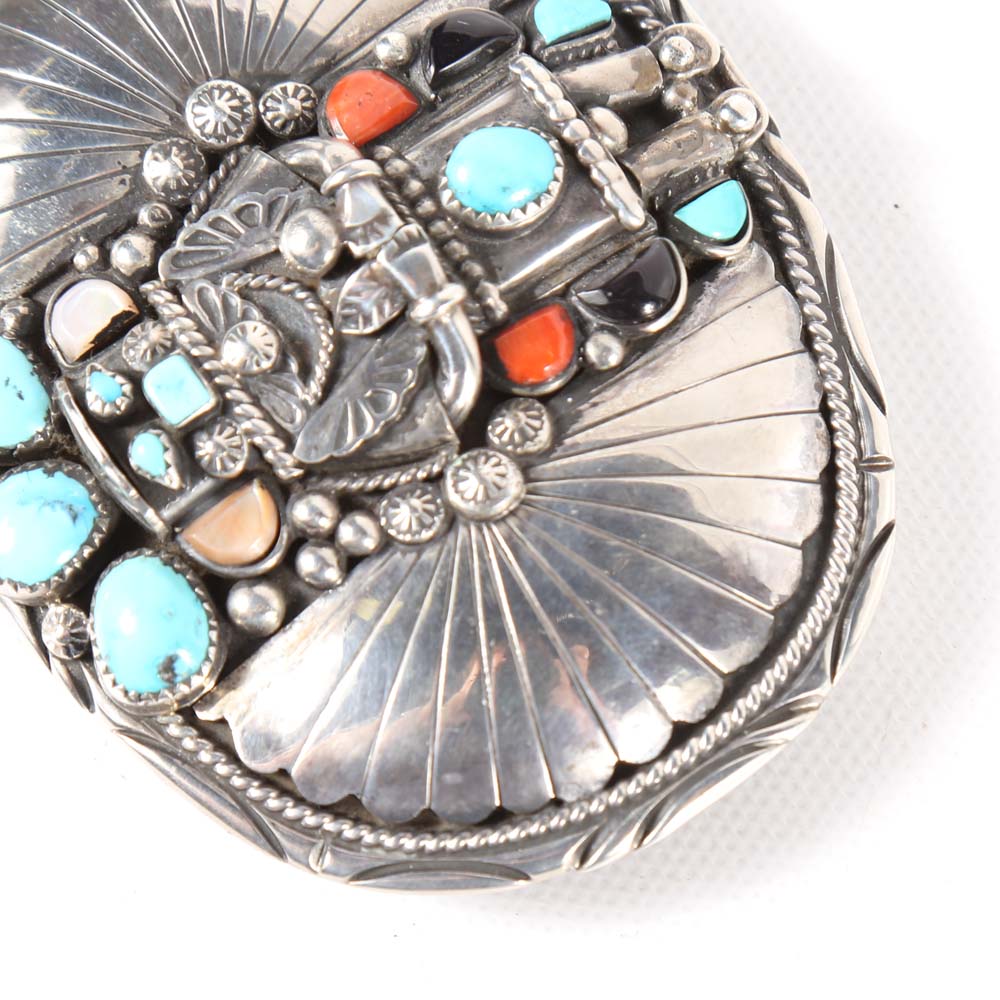 Sterling Silver Navajo Style Belt Buckle and Bolo Tie with Turquoise, Black Onyx and Red Oyster Shell