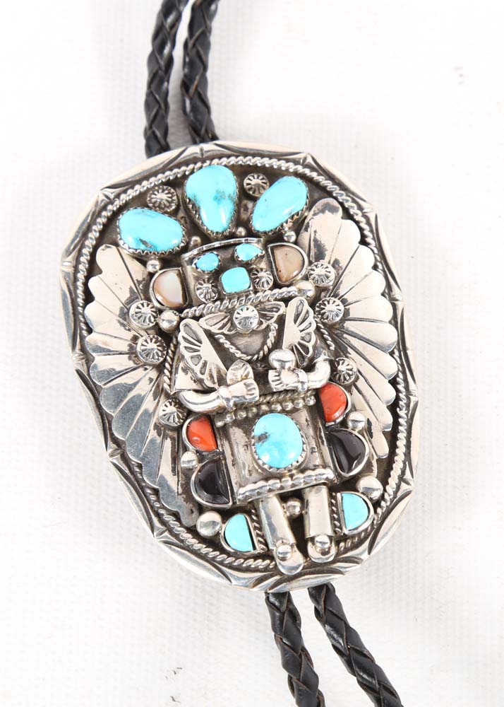 Sterling Silver Navajo Style Belt Buckle and Bolo Tie with Turquoise, Black Onyx and Red Oyster Shell