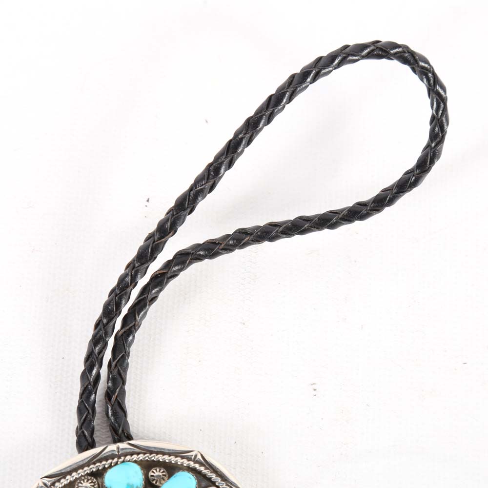 Sterling Silver Navajo Style Belt Buckle and Bolo Tie with Turquoise, Black Onyx and Red Oyster Shell