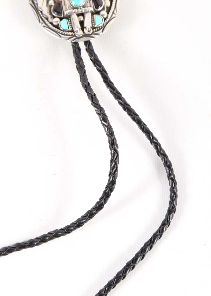 Sterling Silver Navajo Style Belt Buckle and Bolo Tie with Turquoise, Black Onyx and Red Oyster Shell