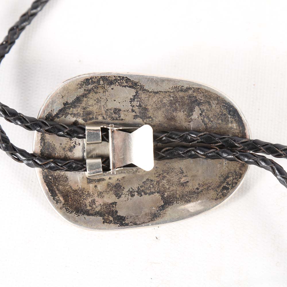 Sterling Silver Navajo Style Belt Buckle and Bolo Tie with Turquoise, Black Onyx and Red Oyster Shell