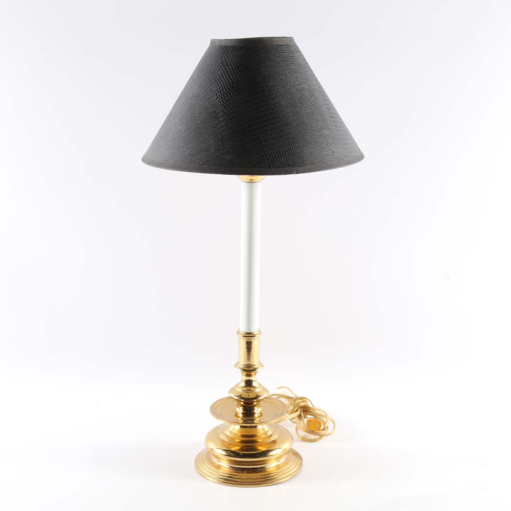 Brass Candlestick Buffet Lamp with Faux Snake Skin Lamp Shade