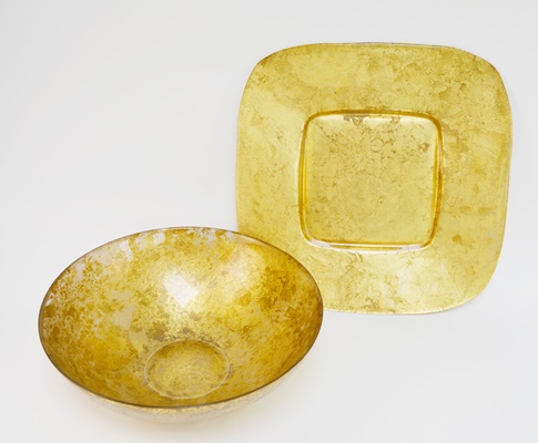 Gold Tone Glass Serving Bowls and Vase