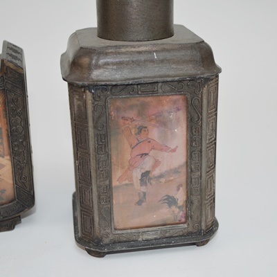 Two Antique Chinese Reverse Painted Glass and Metal Decanters