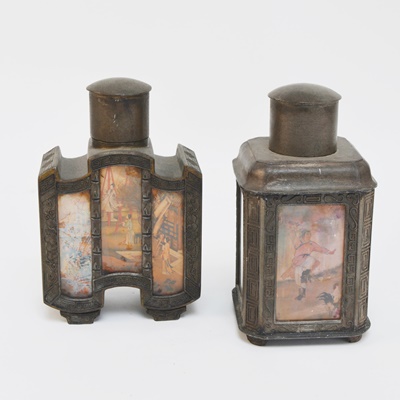 Two Antique Chinese Reverse Painted Glass and Metal Decanters