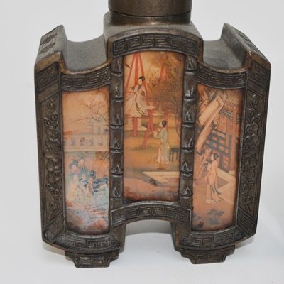 Two Antique Chinese Reverse Painted Glass and Metal Decanters