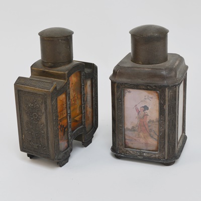 Two Antique Chinese Reverse Painted Glass and Metal Decanters