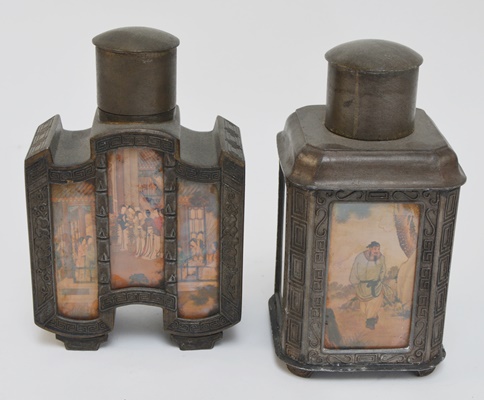 Two Antique Chinese Reverse Painted Glass and Metal Decanters