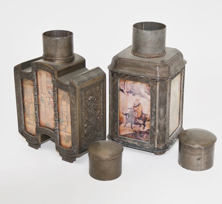 Two Antique Chinese Reverse Painted Glass and Metal Decanters