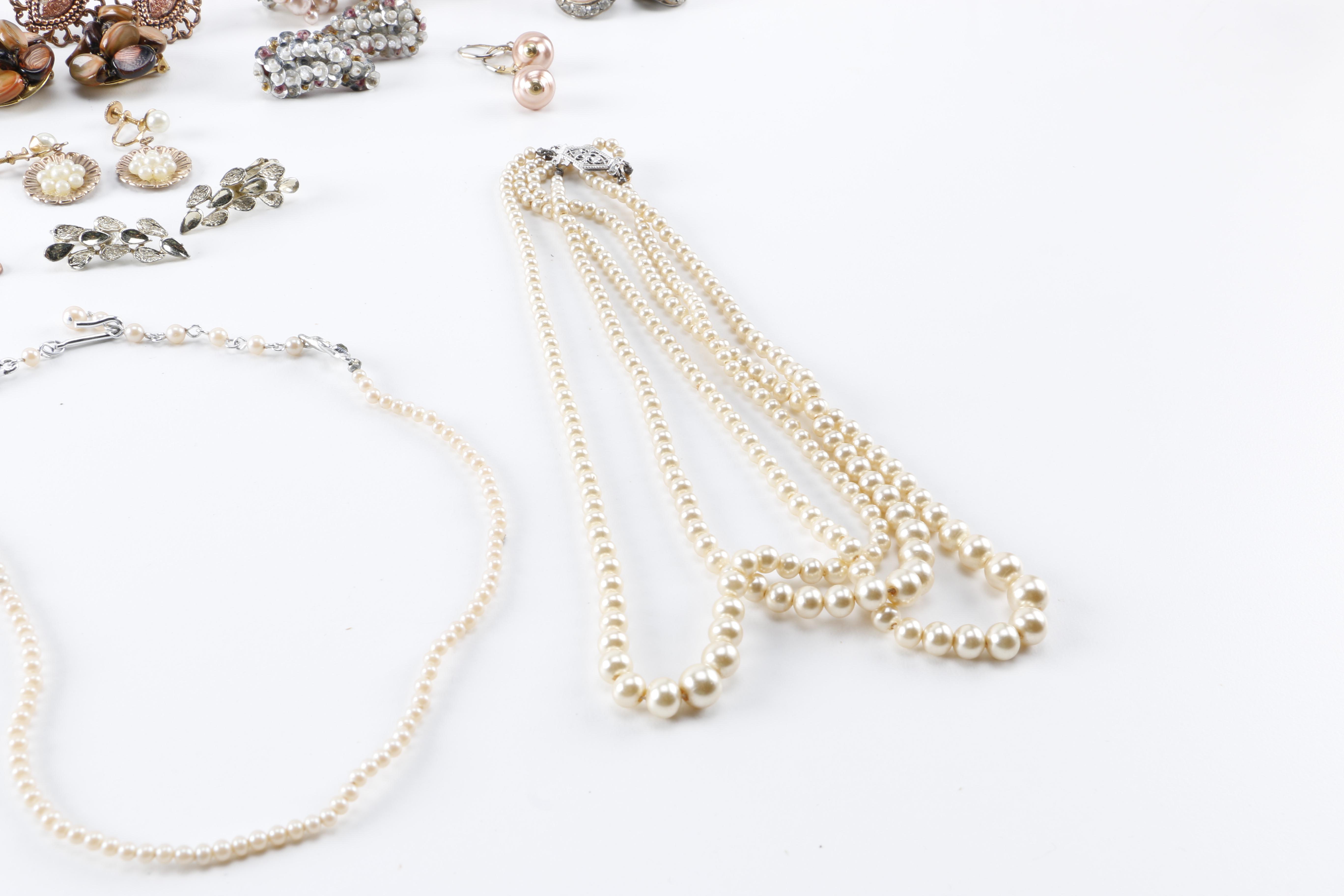 Costume Jewelry Including Faux Pearls and Rhinestones