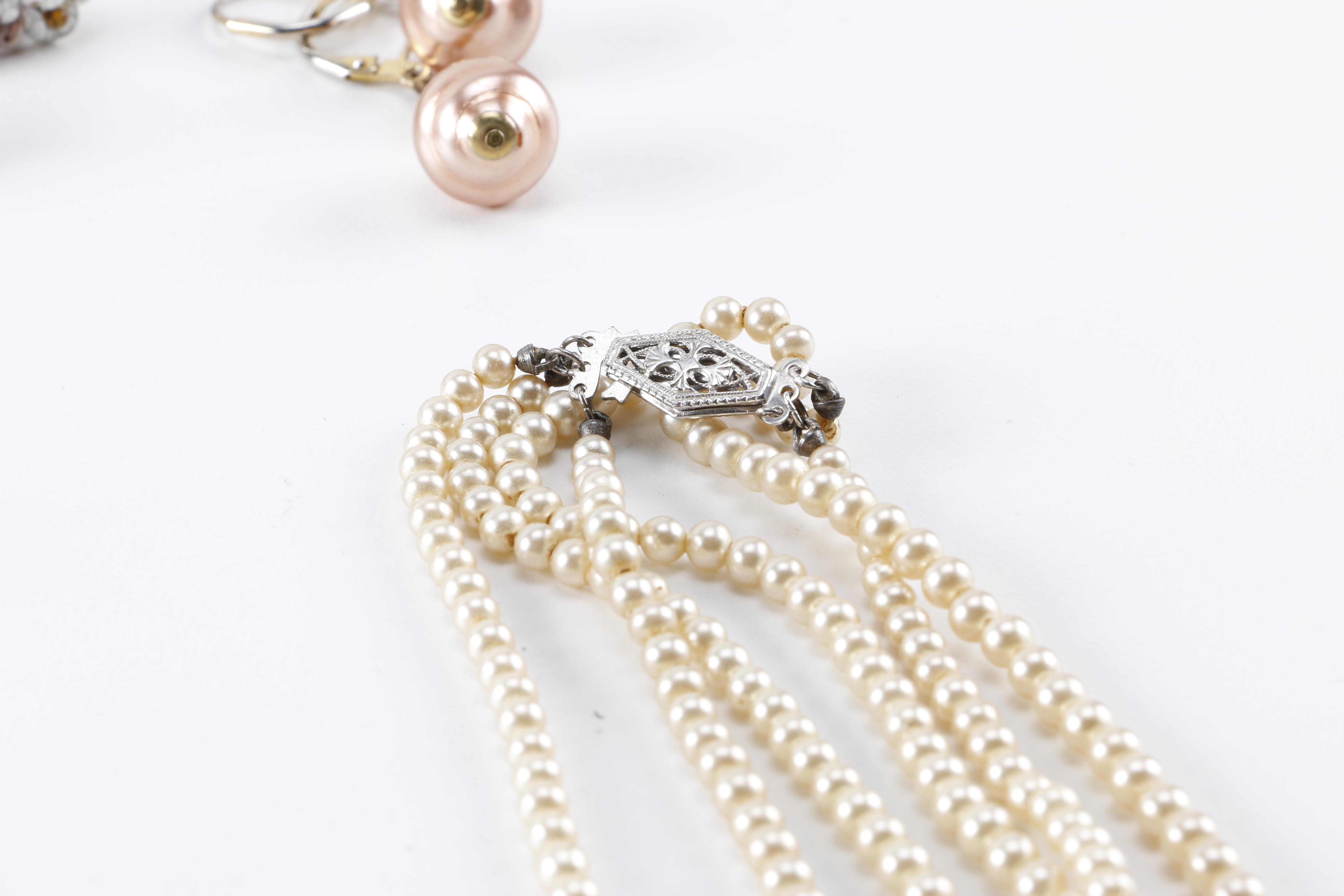 Costume Jewelry Including Faux Pearls and Rhinestones