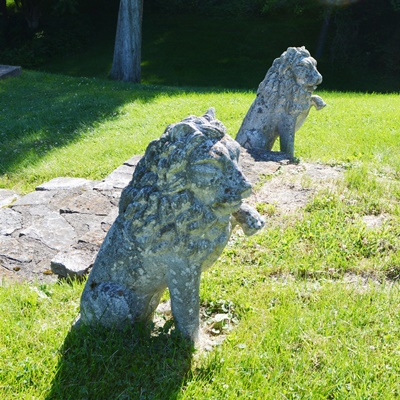 Two Concrete Lion Yard Statues