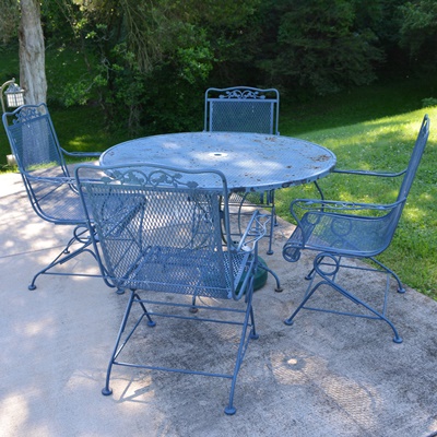 Blue Painted Iron Patio Table and Four Chairs