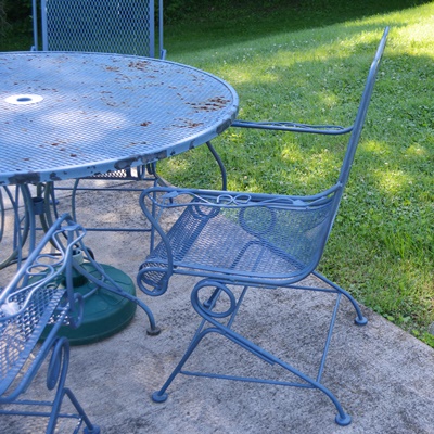 Blue Painted Iron Patio Table and Four Chairs
