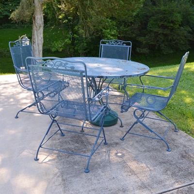 Blue Painted Iron Patio Table and Four Chairs