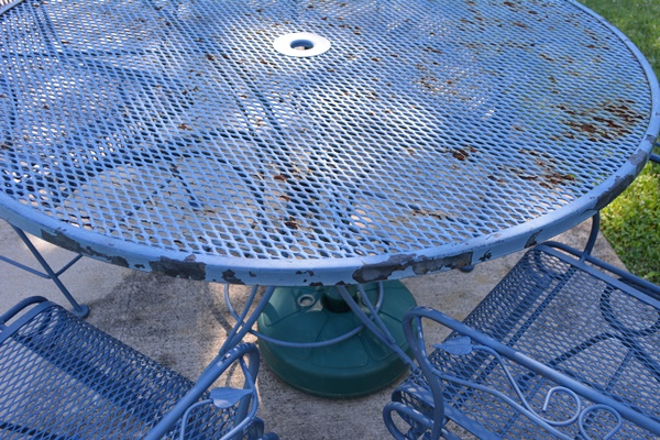 Blue Painted Iron Patio Table and Four Chairs