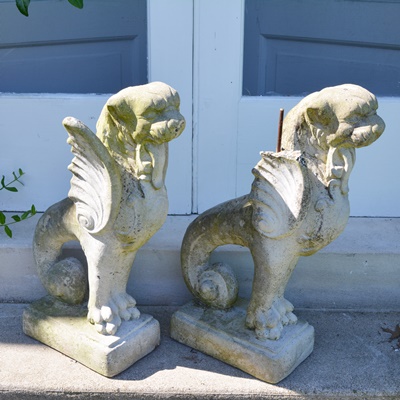 Two Fishtailed Winged Foo Dog Lion Concrete Garden Statues