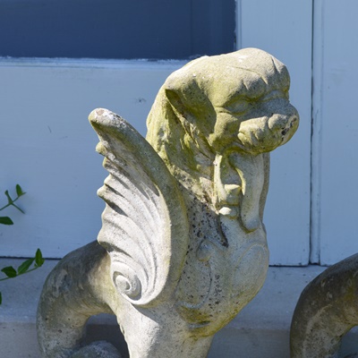 Two Fishtailed Winged Foo Dog Lion Concrete Garden Statues