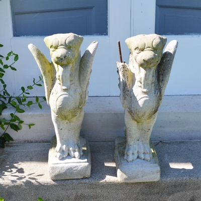 Two Fishtailed Winged Foo Dog Lion Concrete Garden Statues