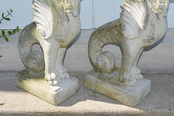 Two Fishtailed Winged Foo Dog Lion Concrete Garden Statues