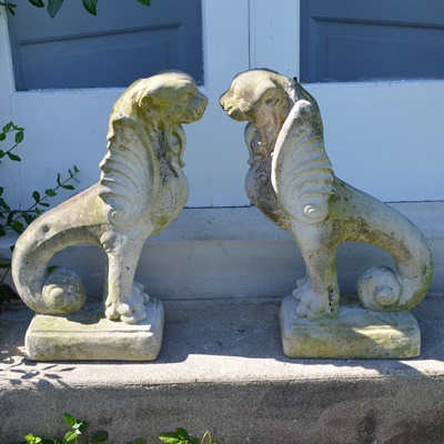 Two Fishtailed Winged Foo Dog Lion Concrete Garden Statues