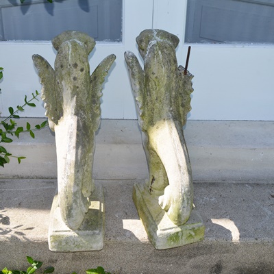 Two Fishtailed Winged Foo Dog Lion Concrete Garden Statues