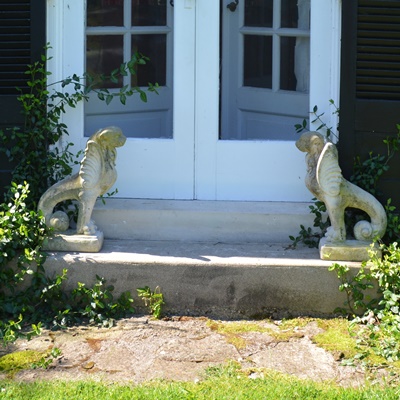 Two Fishtailed Winged Foo Dog Lion Concrete Garden Statues
