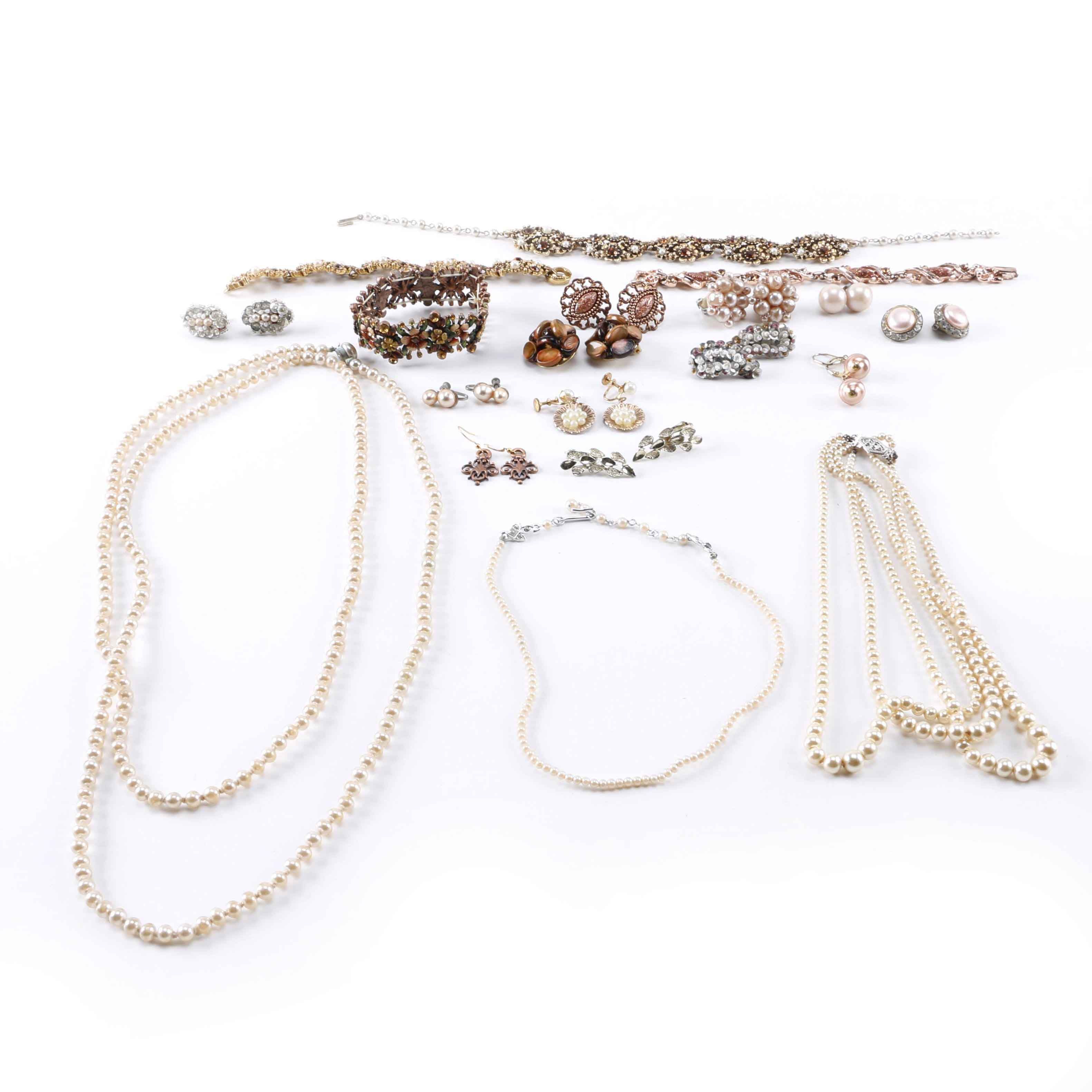 Costume Jewelry Including Faux Pearls and Rhinestones