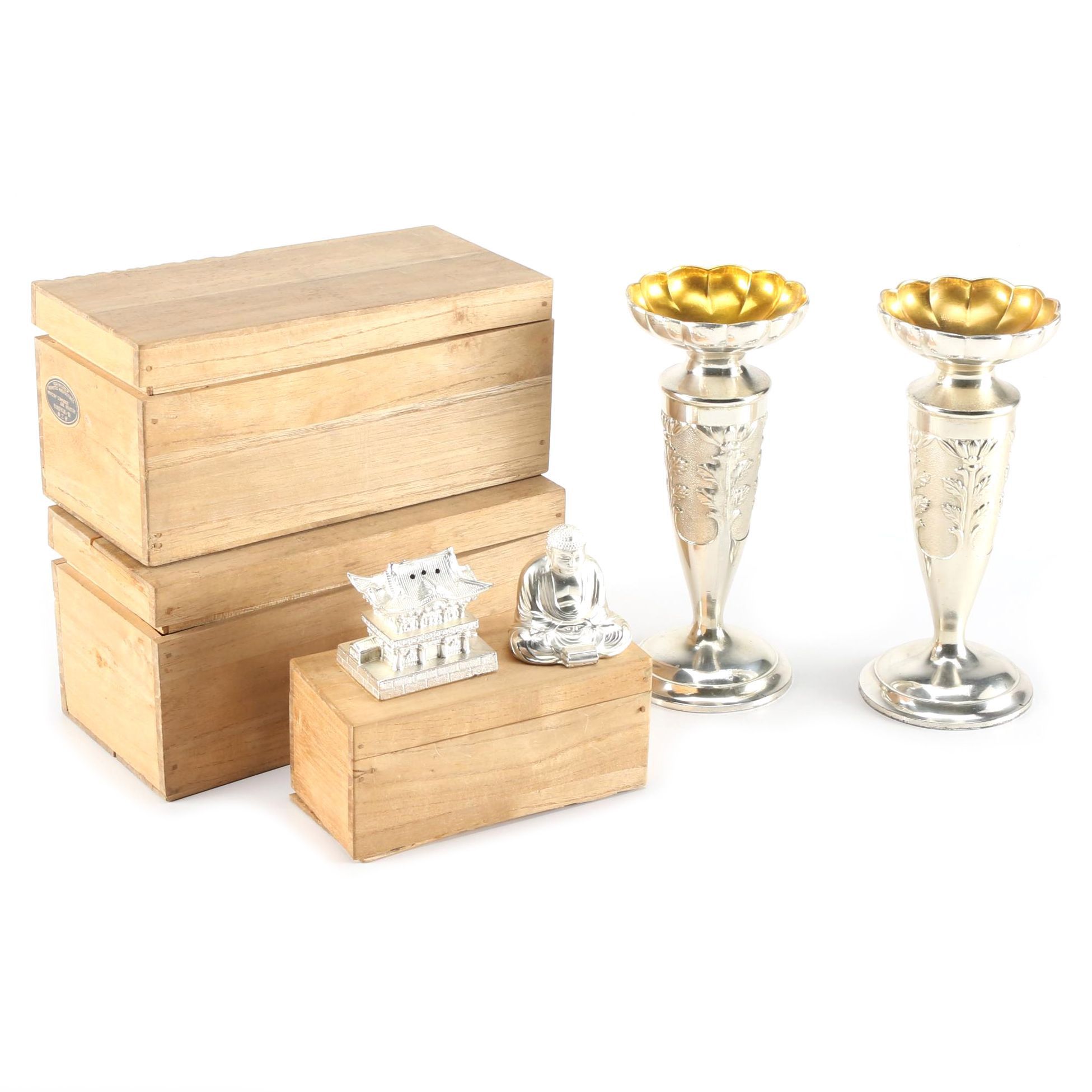 Vintage Silver-Plated Candleholders and Salt and Pepper Set