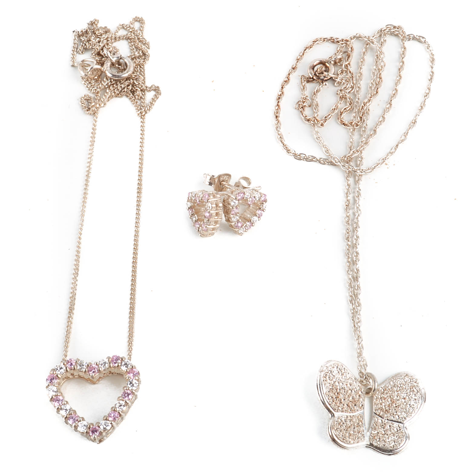 Two Sterling Silver and Cubic Zirconia Necklaces, One With Matching Earrings