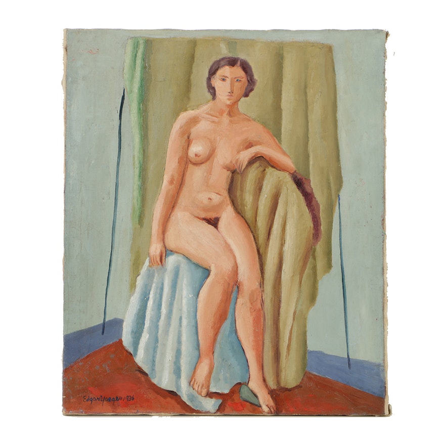 Edgar Yaeger Oil Painting on Canvas Portrait of a Seated Nude