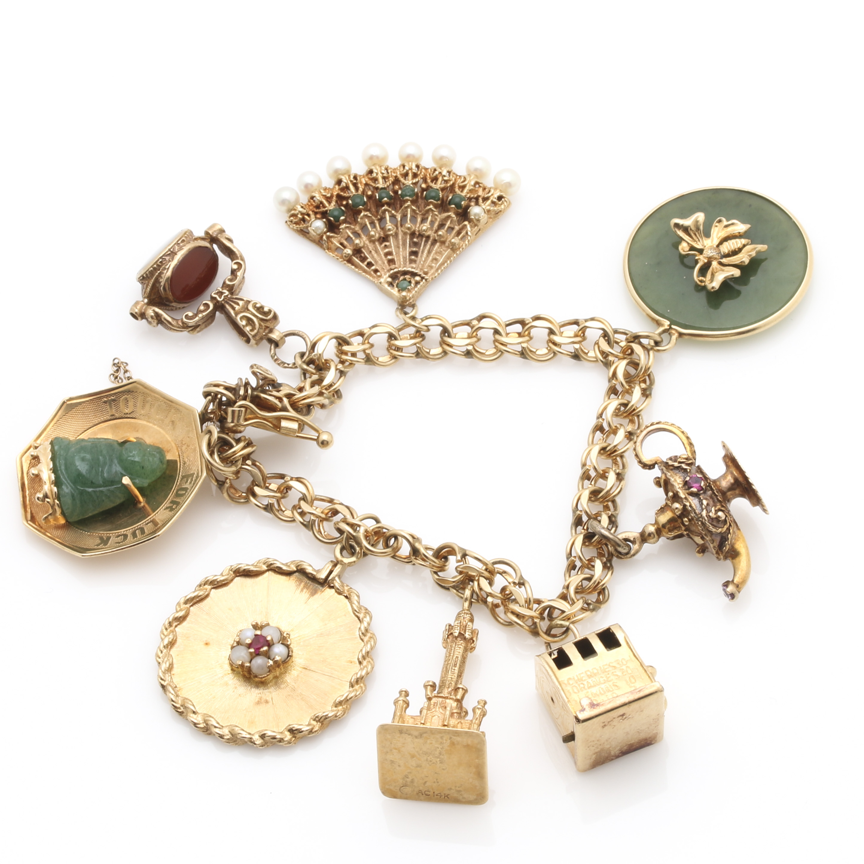 14K Yellow Gold Bracelet With Multi-Gemstone Charm Assortment