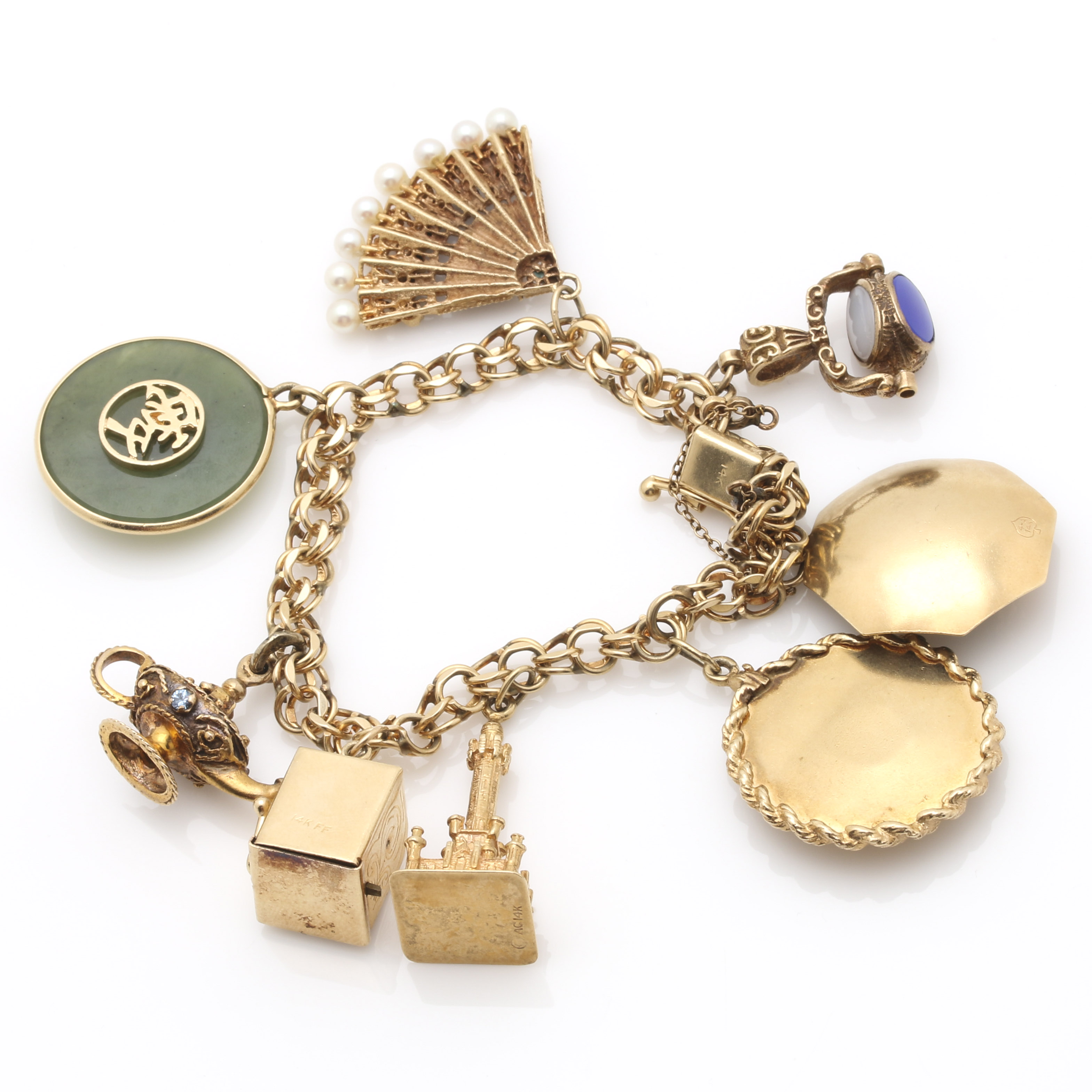 14K Yellow Gold Bracelet With Multi-Gemstone Charm Assortment