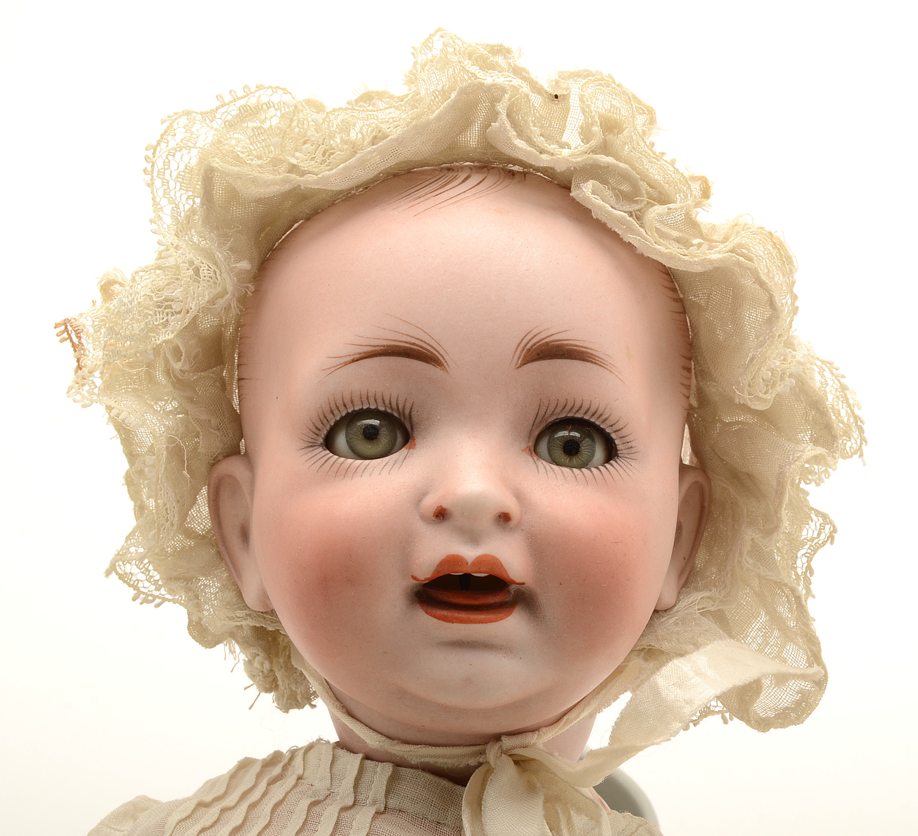 Hertel & Schwab German Bisque Head Baby Doll in Vintage Christening Gown