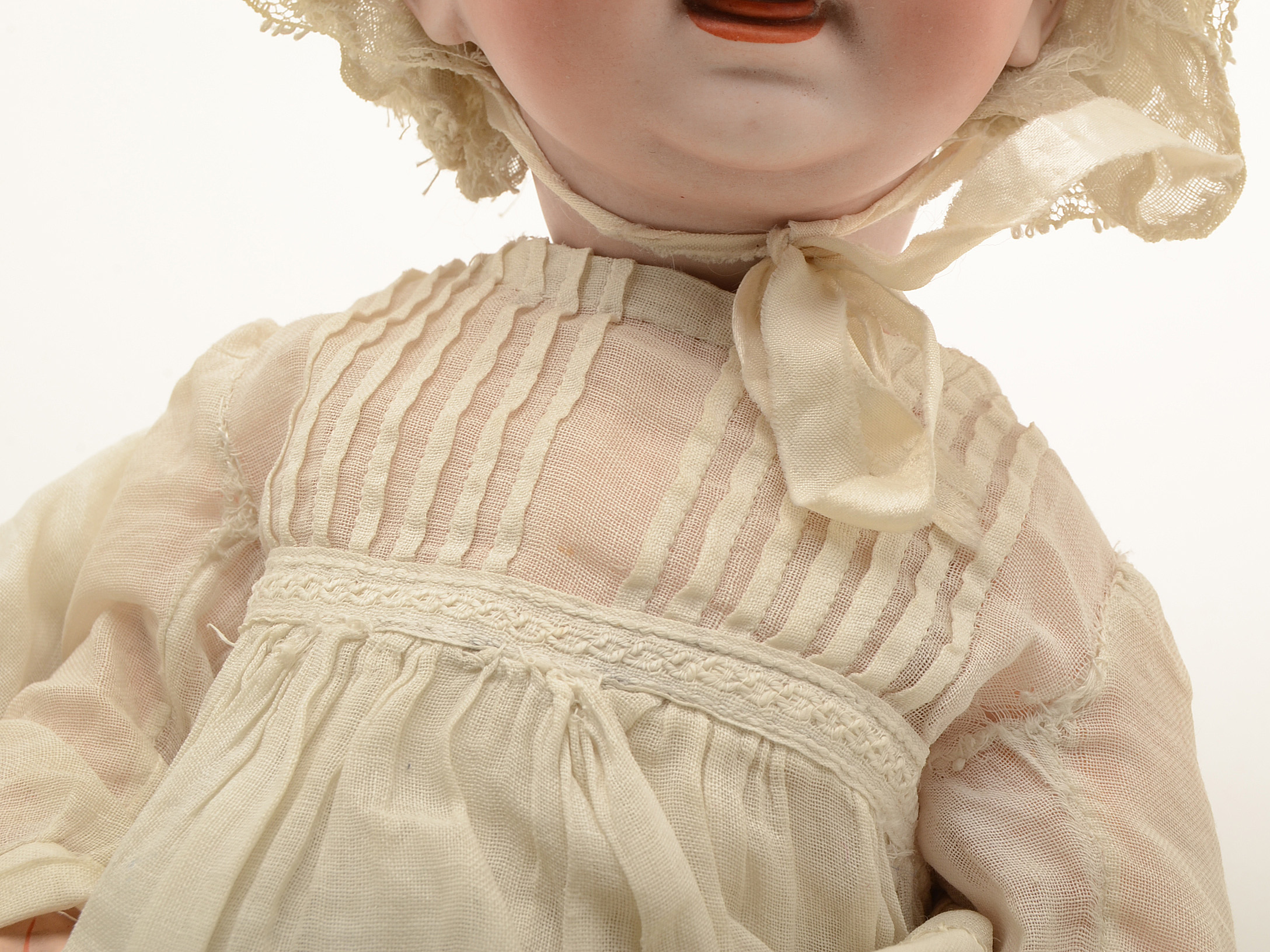 Hertel & Schwab German Bisque Head Baby Doll in Vintage Christening Gown