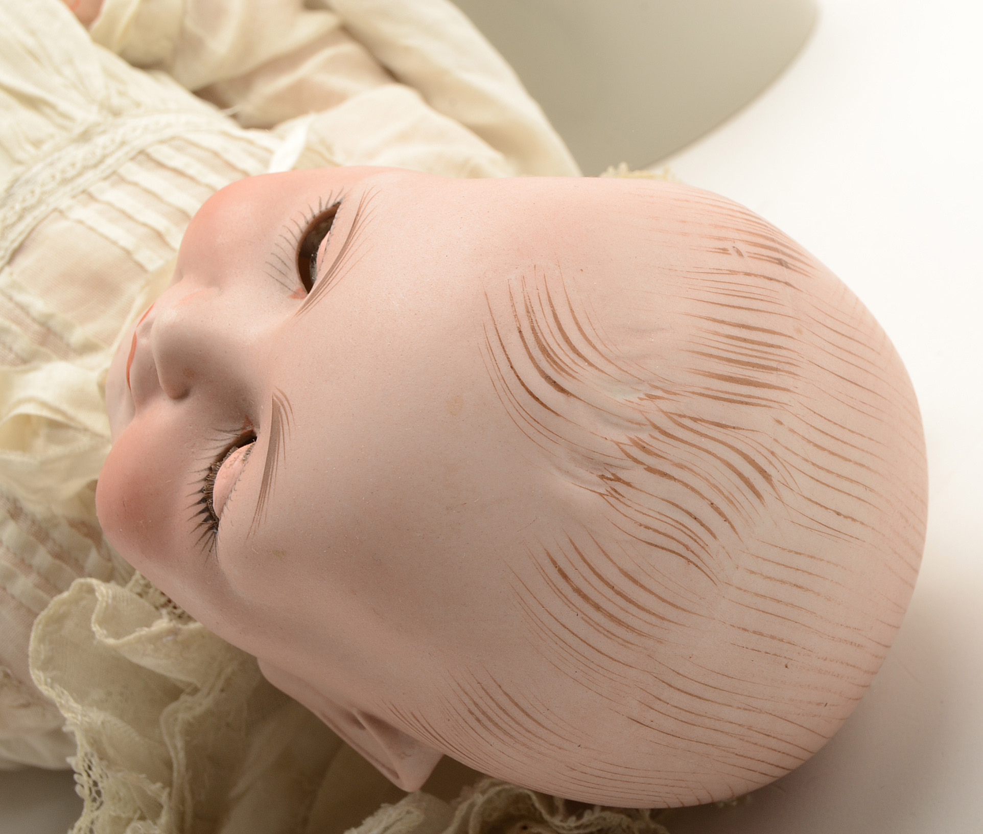 Hertel & Schwab German Bisque Head Baby Doll in Vintage Christening Gown