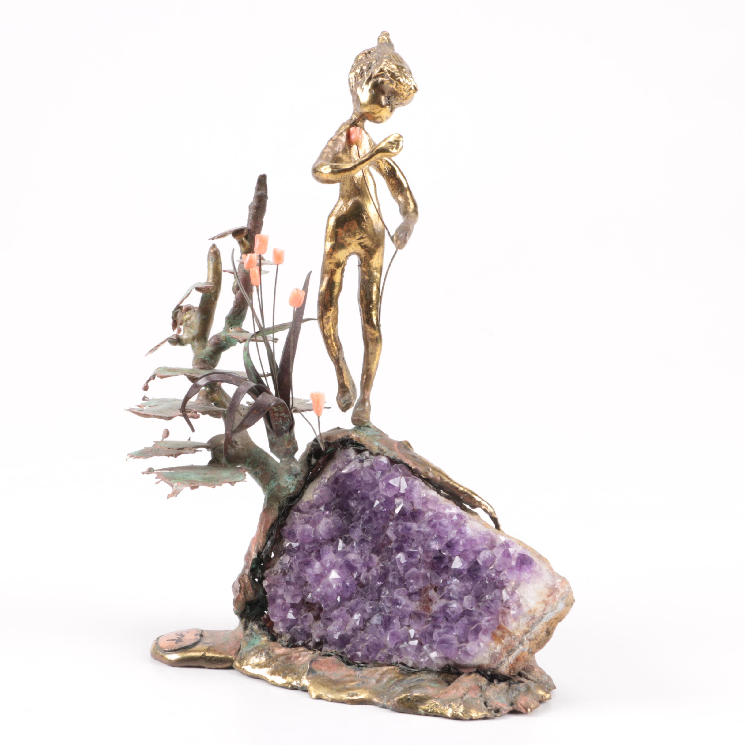 Martin Borja Brass Tone Metal and Amethyst Sculpture