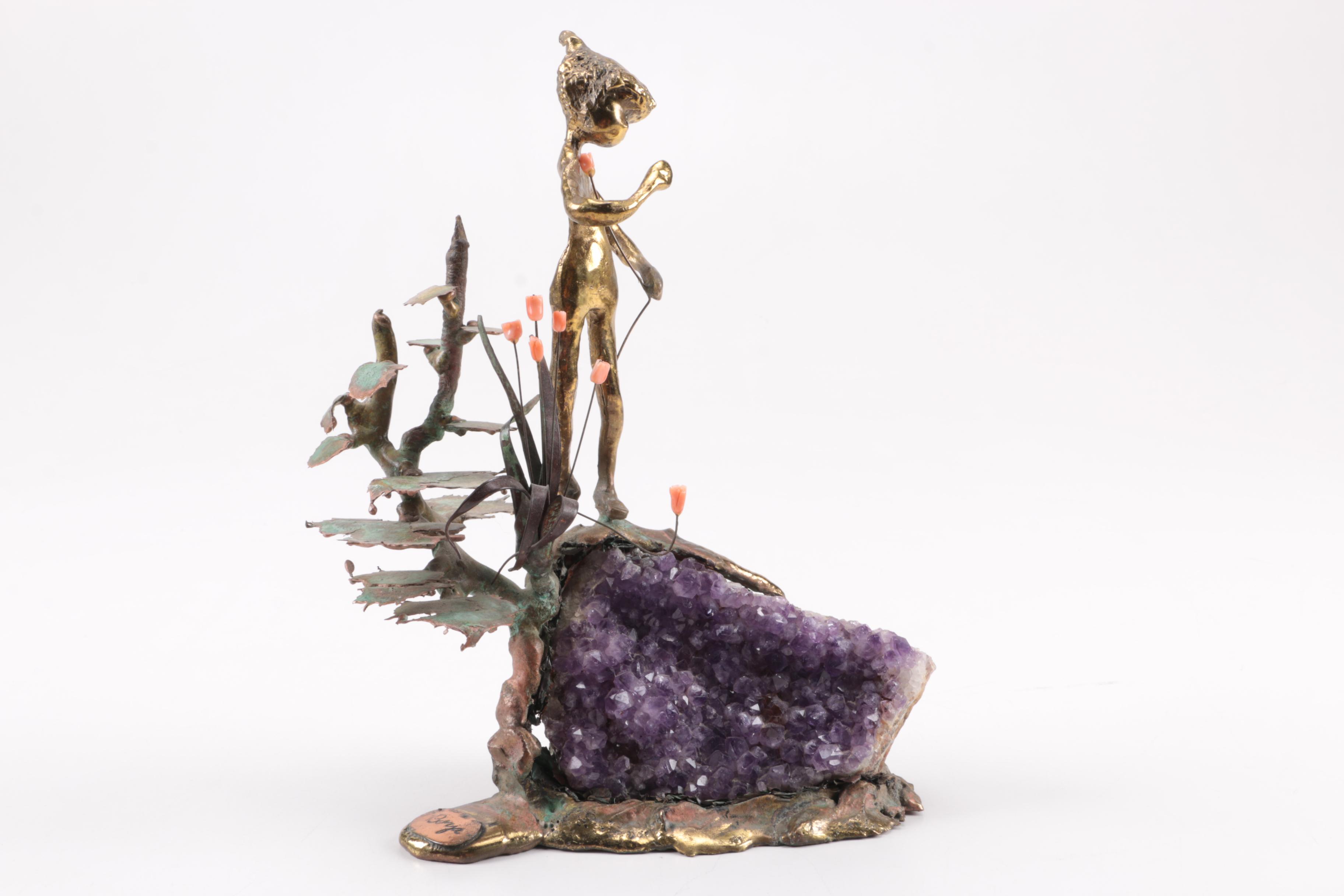 Martin Borja Brass Tone Metal and Amethyst Sculpture