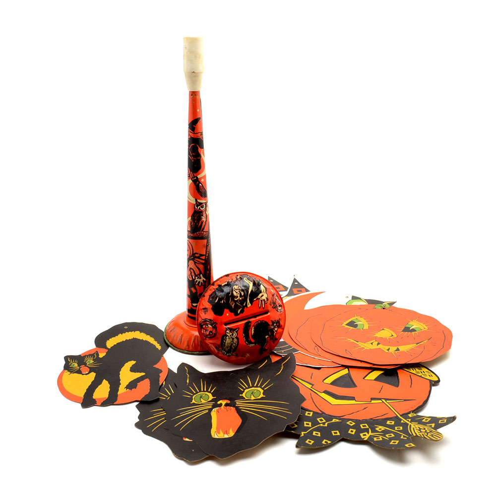 Vintage Tin Halloween Noise Makers and Die-Cut Decorations