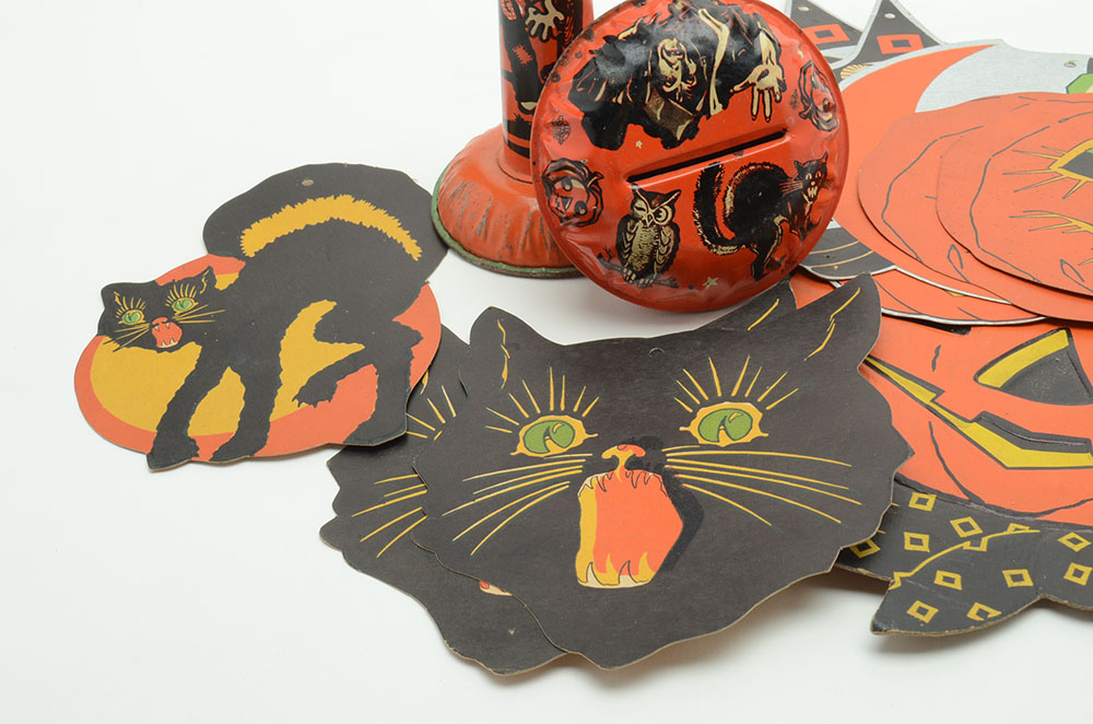 Vintage Tin Halloween Noise Makers and Die-Cut Decorations