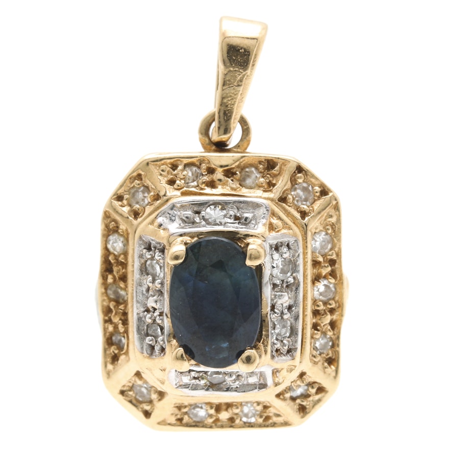 14K Yellow Gold Blue Sapphire and Diamond Pendant