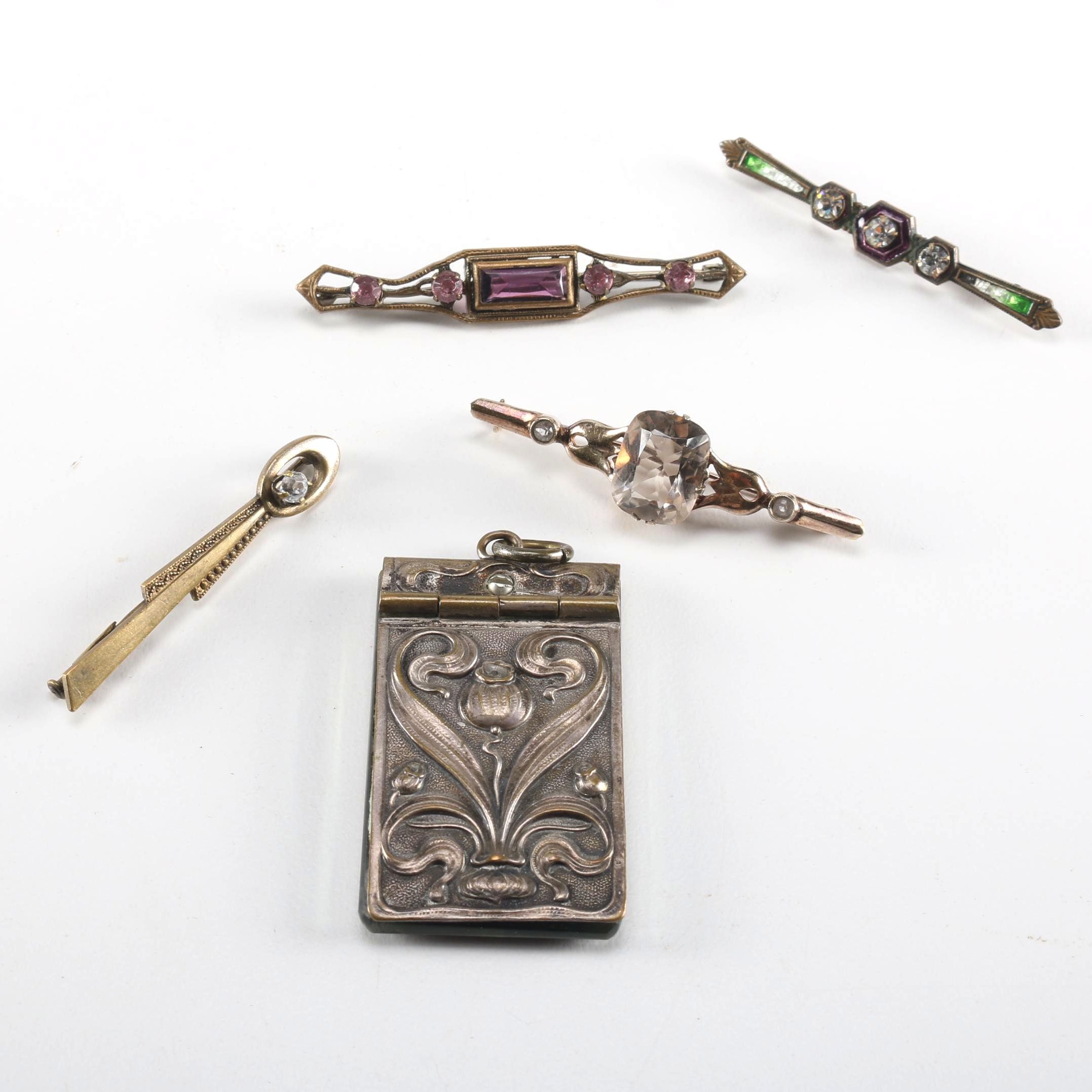 Vintage Brooches and Art Nouveau Mirror Pendant