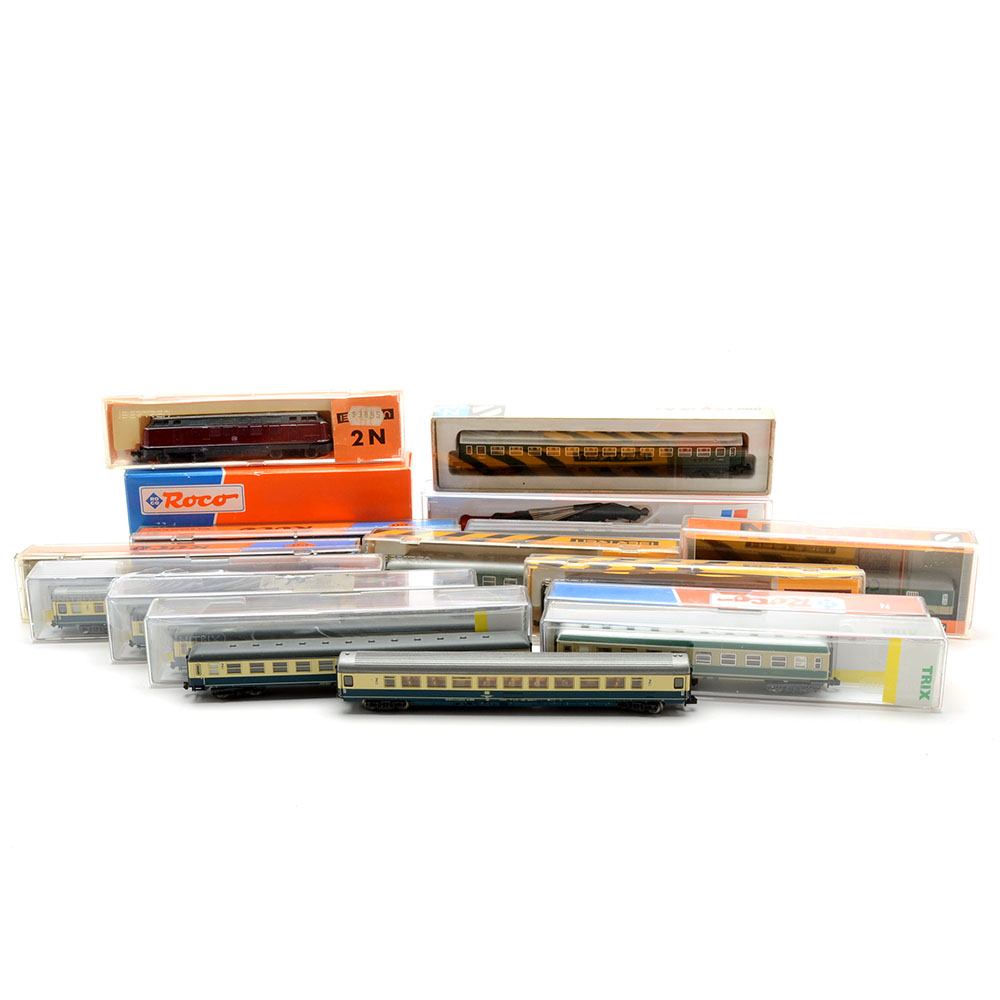 Group of European Train Cars and Diesel Engines in N Gauge