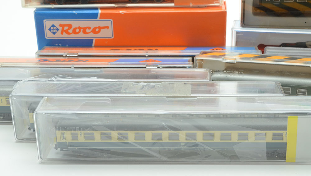 Group of European Train Cars and Diesel Engines in N Gauge