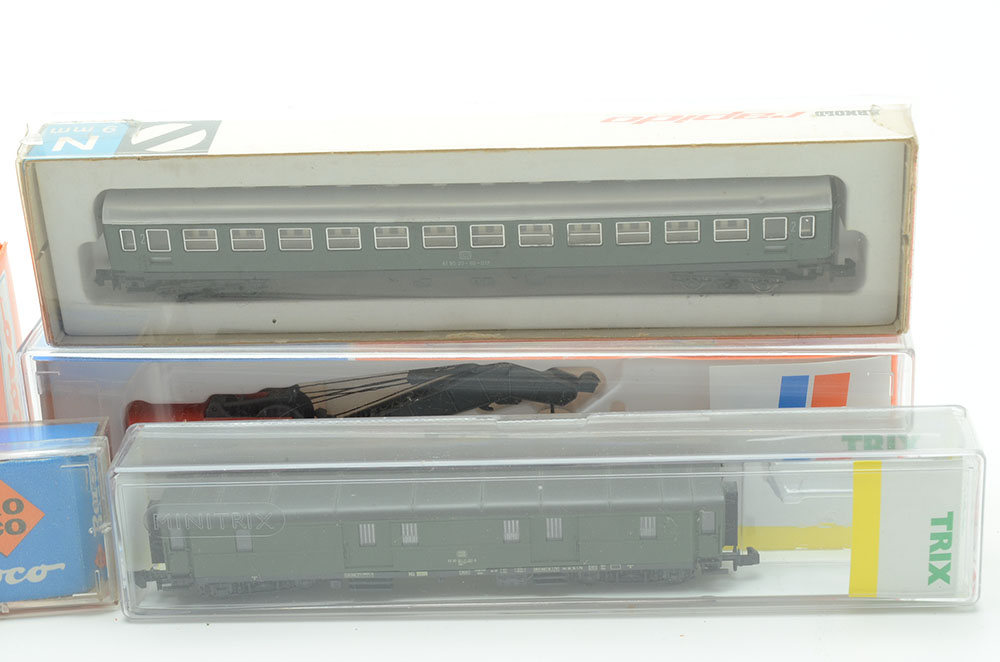 Group of European Train Cars and Diesel Engines in N Gauge